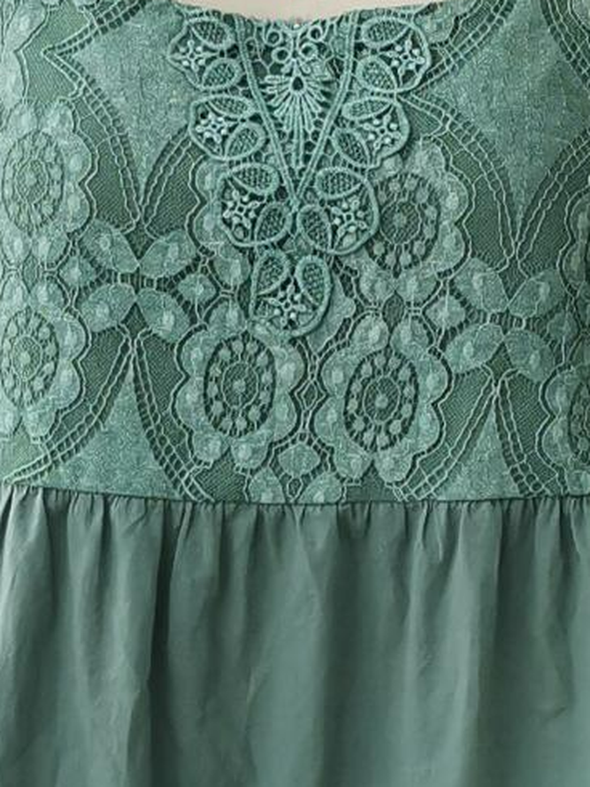 Square Neck Lace Linen Ethnic Plain Casual Loose Tunic Dress