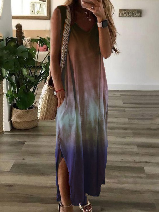 Purple V Neck Ombre/tie-Dye Shift Casual Dresses
