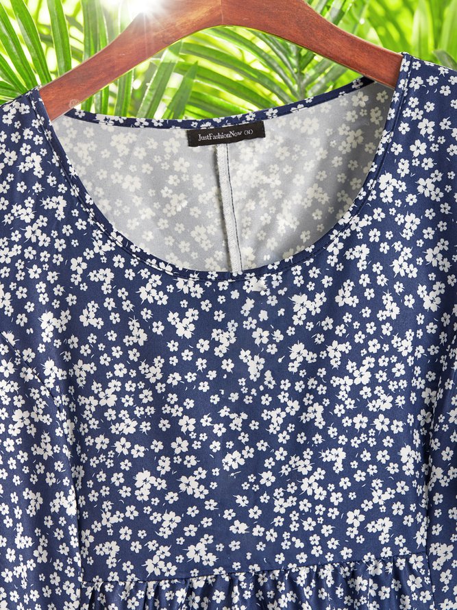 Ditsy Floral Round Neck Pocket Vacation Midi Dress