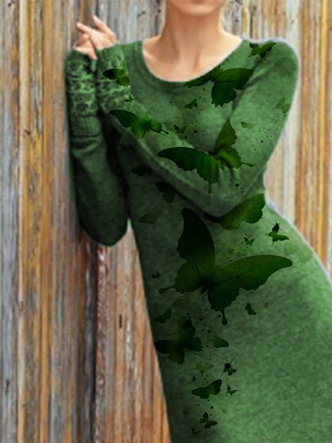 Cotton-Blend Long Sleeve Knitting Dress