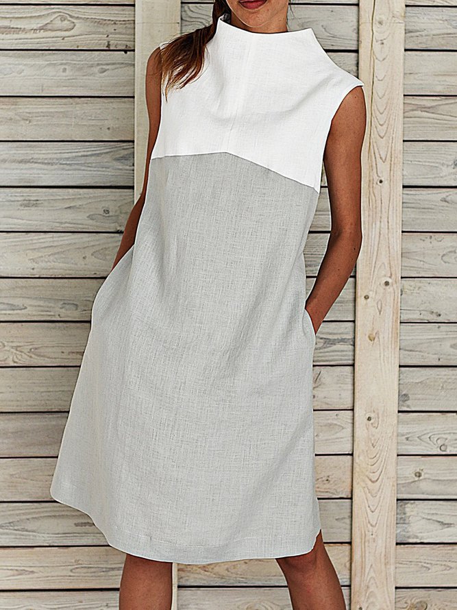 Plus Size Midi Weaving Dress Women Summer Shift Sleeveless Turtleneck Paneled Weaving Dress