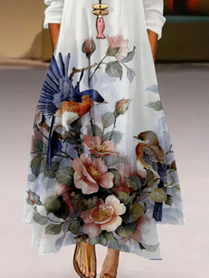 Round Neck Floral Vacation Midi Dress