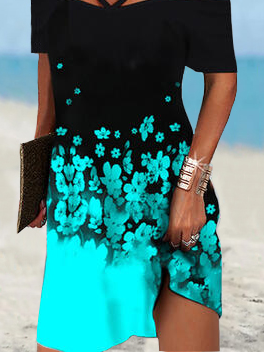 V Neck floral off shoulder Vacation Midi Dress