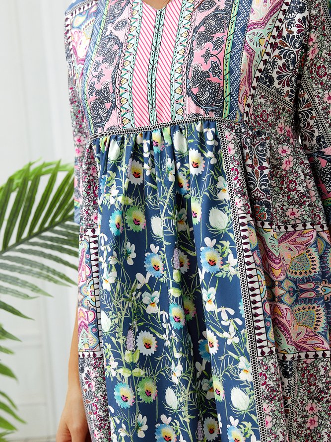 Half Sleeve Casual Cotton-Blend V Neck Weaving Dress