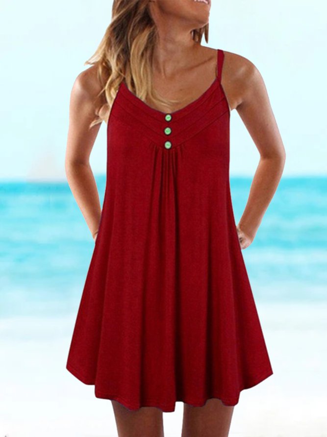 Solid Spaghetti-Strap Casual Cotton-Blend Knitting Dress