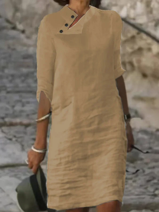 Women Plain Button Detail Casual Cotton And Linen Dress