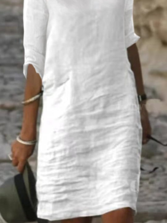 Women Plain Button Detail Casual Cotton And Linen Dress