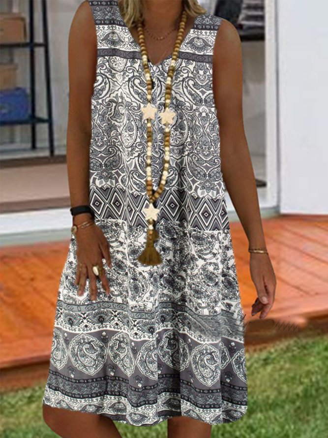 Casual Sleeveless V Neck Printed Weaving Dress