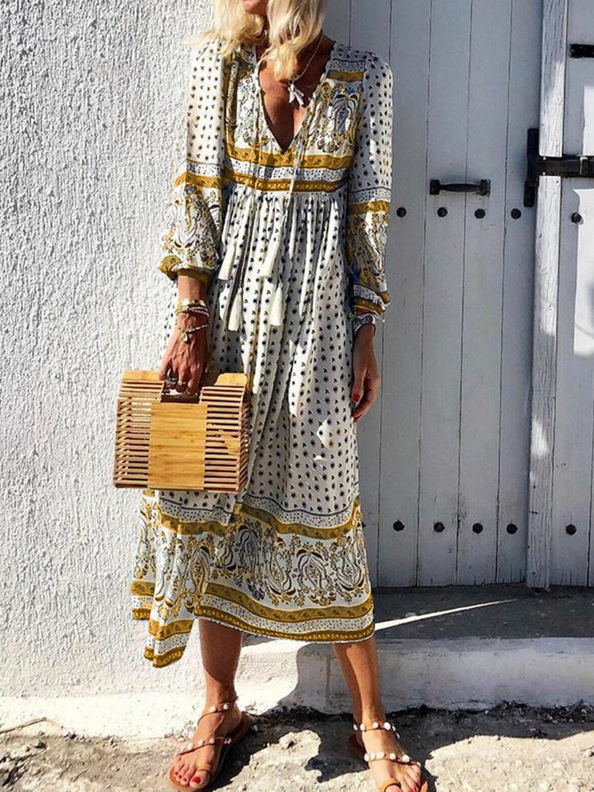 V-Neck Women Dress Daytime Boho Paneled Dress