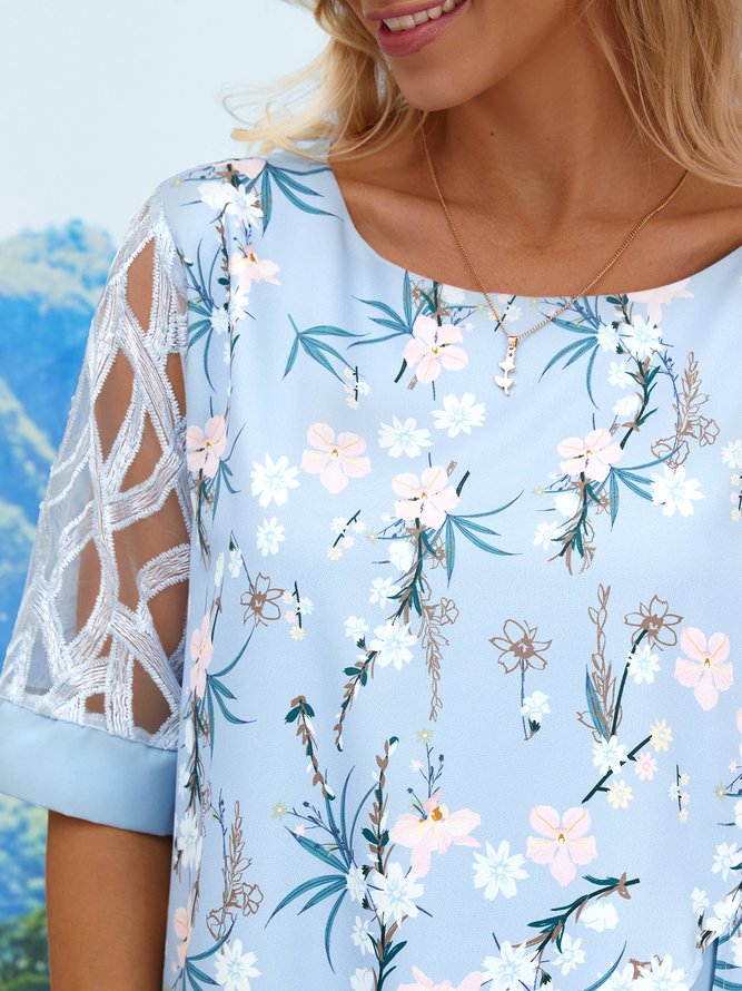 Loose Floral Crew Neck Casual Dress
