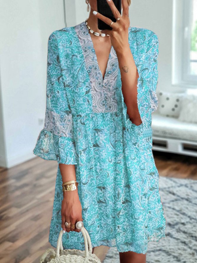 V Neck Women Dresses Date Cotton Smock Dress