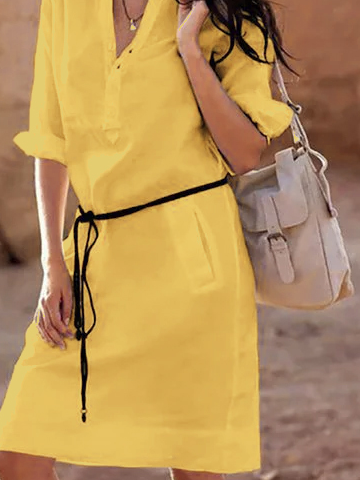 Stand Collar Women Daytime Half Sleeve Basic Pockets Solid Summer Prom Dress