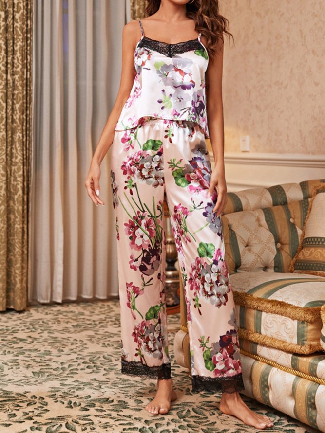 Floral Lace Elegant Romantic Silk Camisole Pajama Set
