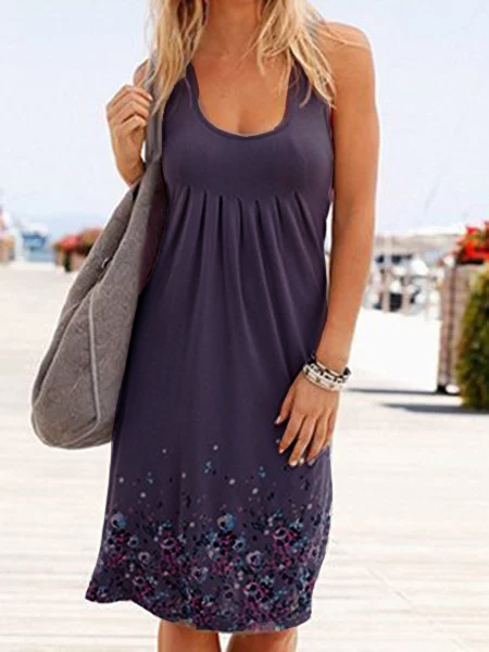A-line Women Daytime Sleeveless Cotton-blend Painted Floral Floral Dress