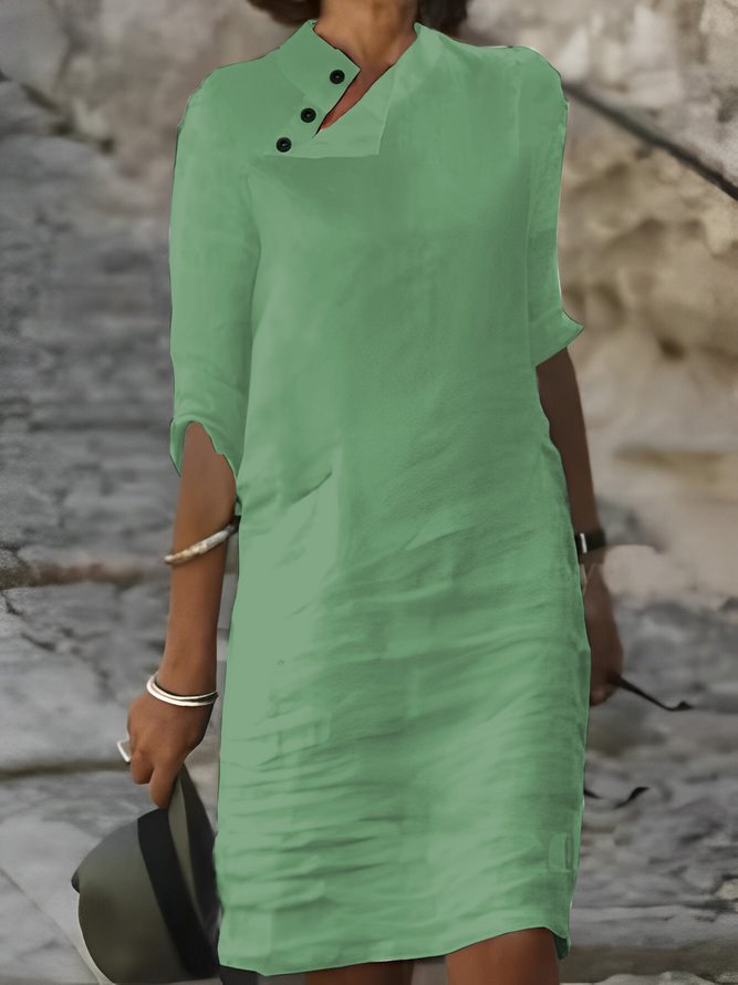Women Plain Button Detail Casual Cotton And Linen Dress