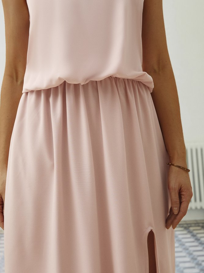 Sleeveless Holiday Solid Round Neck Long Weaving Dress
