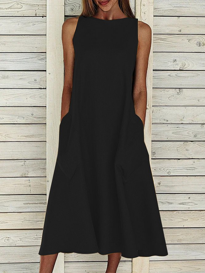 Round Neck Pockets Plain Casual Midi Dress