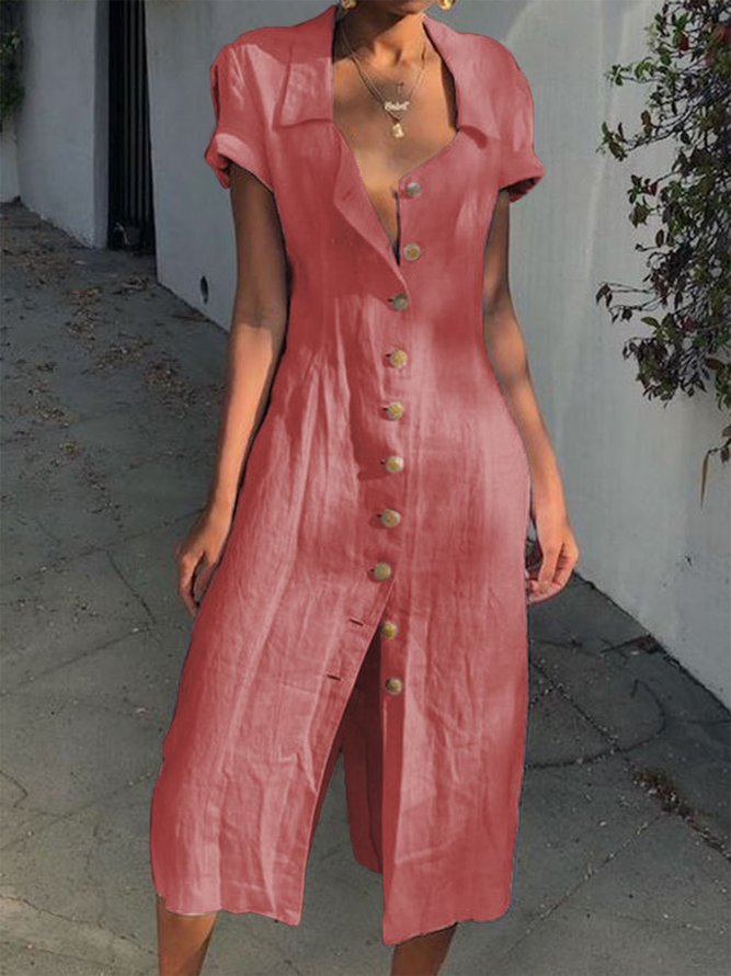 Linen Summer Buttoned Solid Maxi Shirt Dress