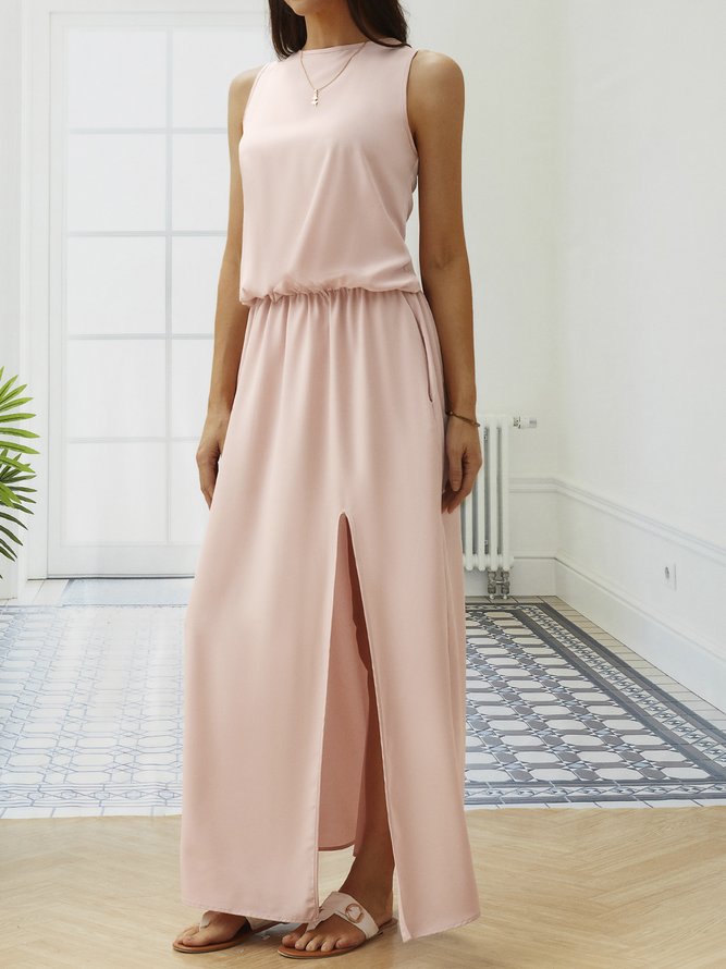Sleeveless Holiday Solid Round Neck Long Weaving Dress