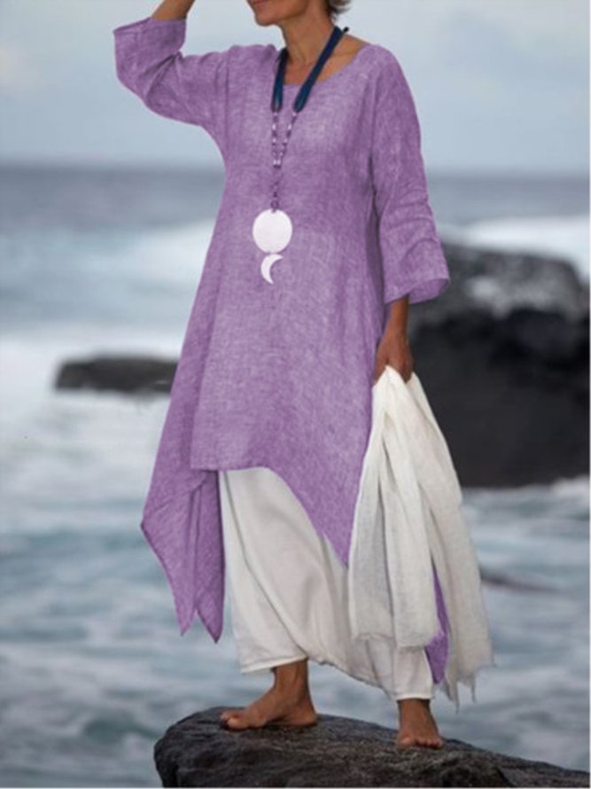 Women Summer Linen 3/4 Sleeve Daytime Crew Neck Asymmetric Dress