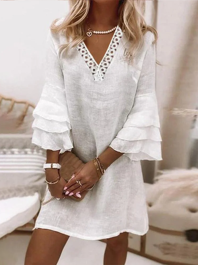 Plain Ruffle Lace V-Neck Resort Dress