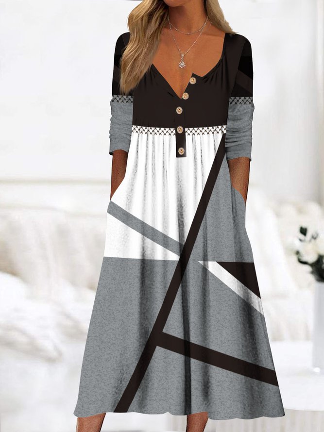 Half open button color block splicing loose midi Dress