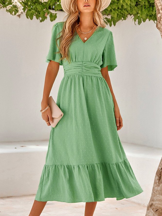 Light Green Swiss Dot Bell-Sleeve V-Neck Loose Vacation V Neck Dress
