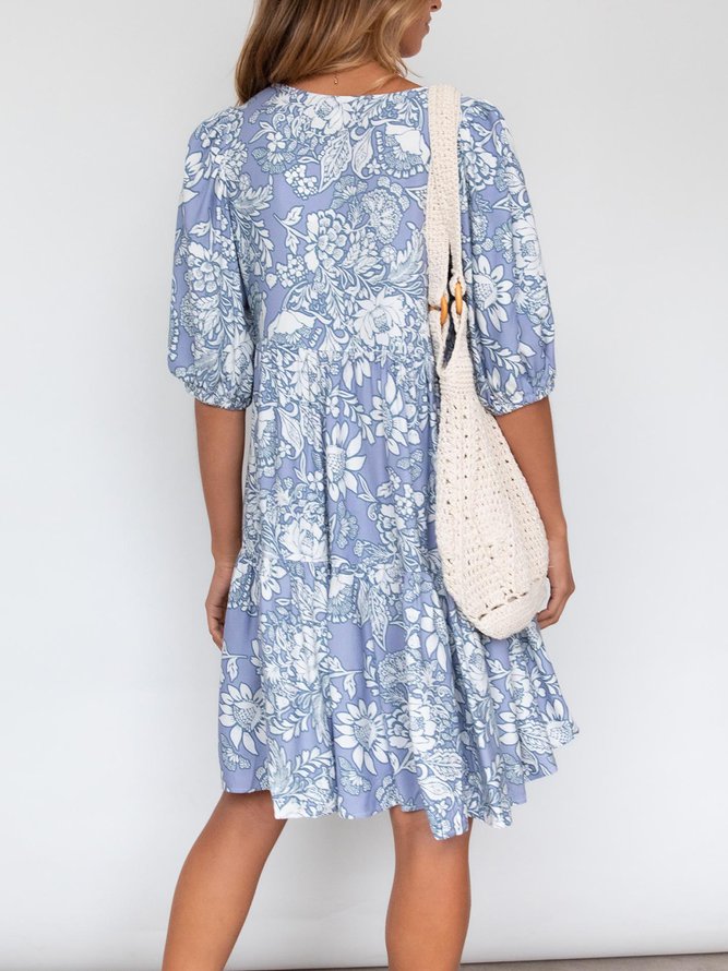 Boho Cotton-Blend Floral Short Sleeve Weaving Smock Dress