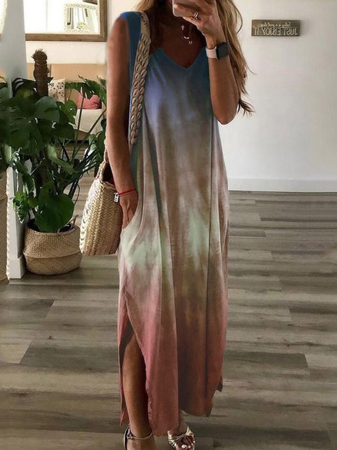 Purple V Neck Ombre/tie-Dye Shift Casual Dresses