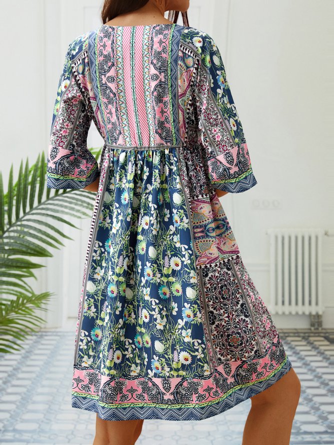 Half Sleeve Casual Cotton-Blend V Neck Weaving Dress