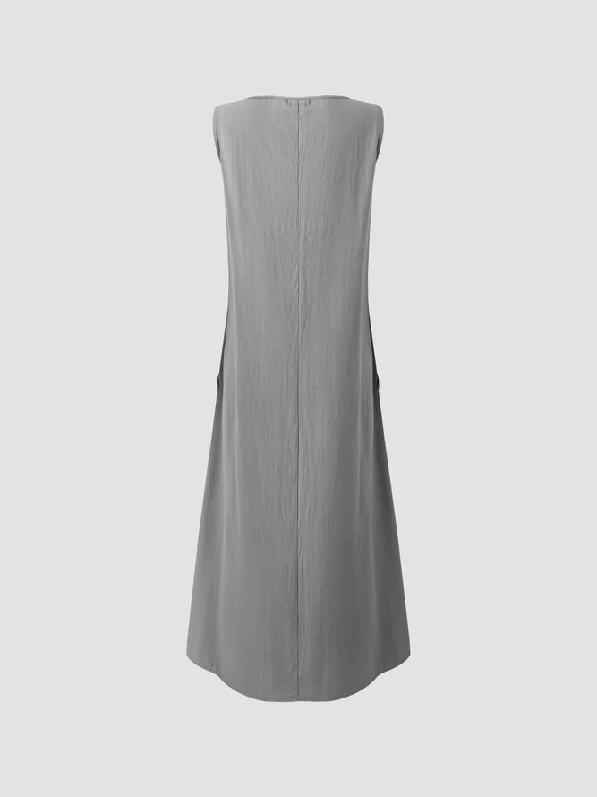 Round Neck Pockets Plain Casual Midi Dress