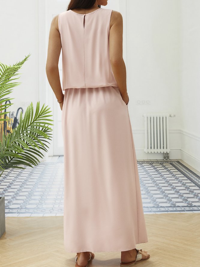 Sleeveless Holiday Solid Round Neck Long Weaving Dress