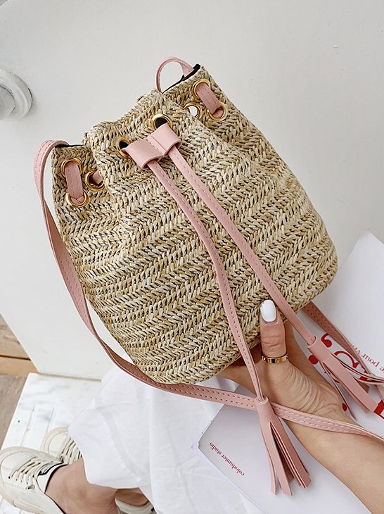 Casual Straw Drawstring Crossbody Bag Women's Shoulder Bag Urban Vacation