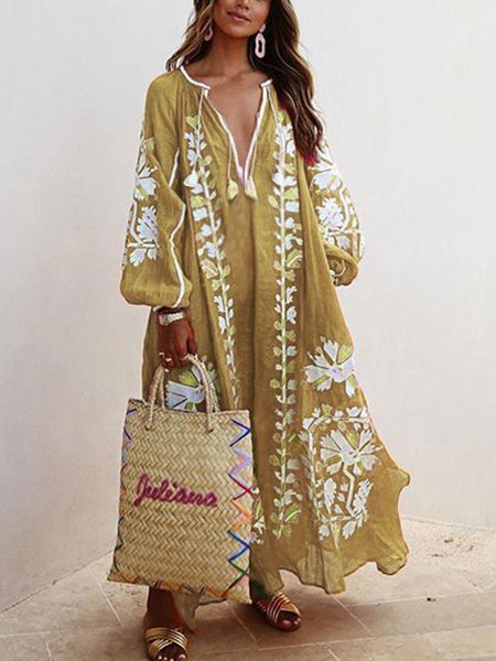 Balloon Sleeves Boho Printed Maxi Dress