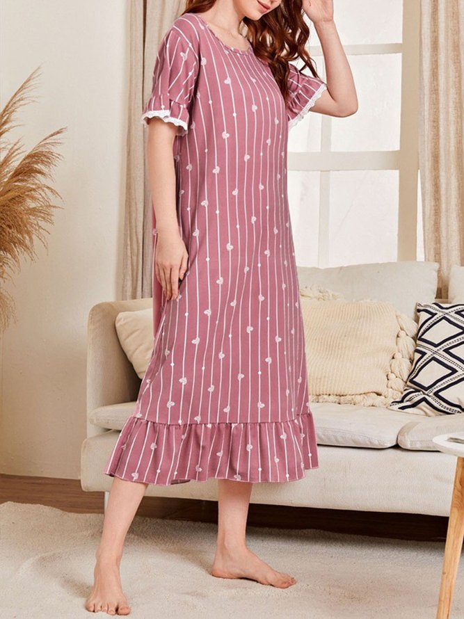 Lace StripedPrinted Knitted Loose Nightdress