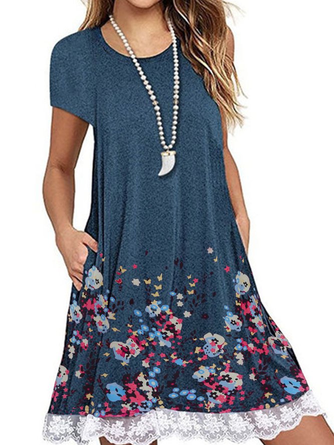 Crew Neck Women Knitting Dress Shift Daily Casual Floral Knitting Dress