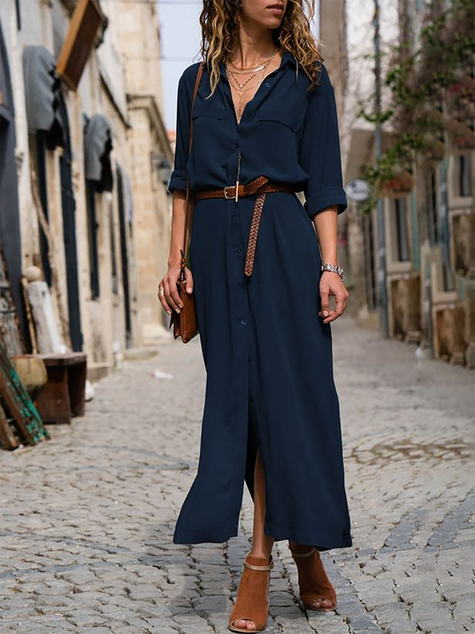 Shawl Collar Shift Women 3/4 Sleeve Paneled Spring Dress