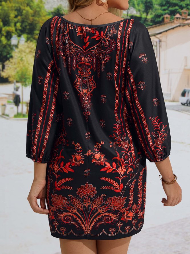 Casual Loose V Neck Ethnic Dress