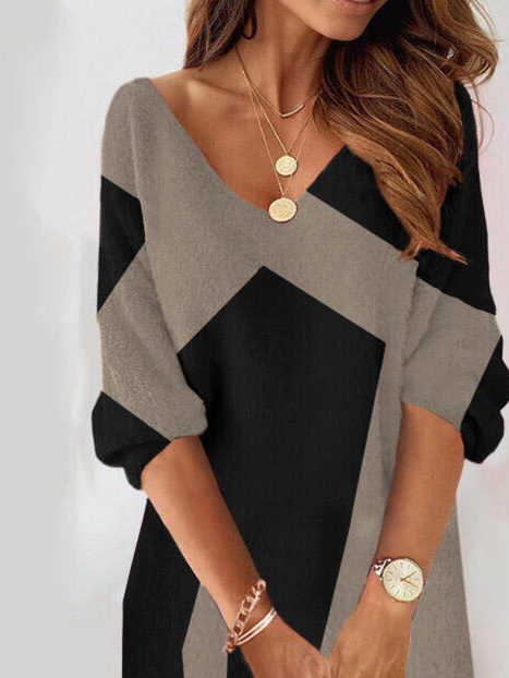 V Neck Geometric Casual Cotton Blends Color Block Knitting Prom Dress