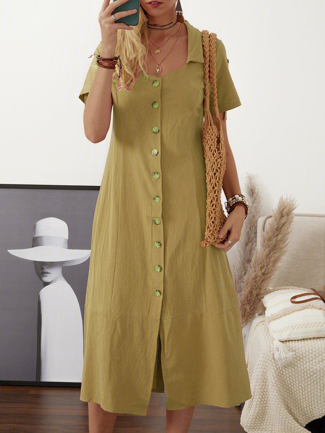 Linen Summer Buttoned Solid Maxi Shirt Dress