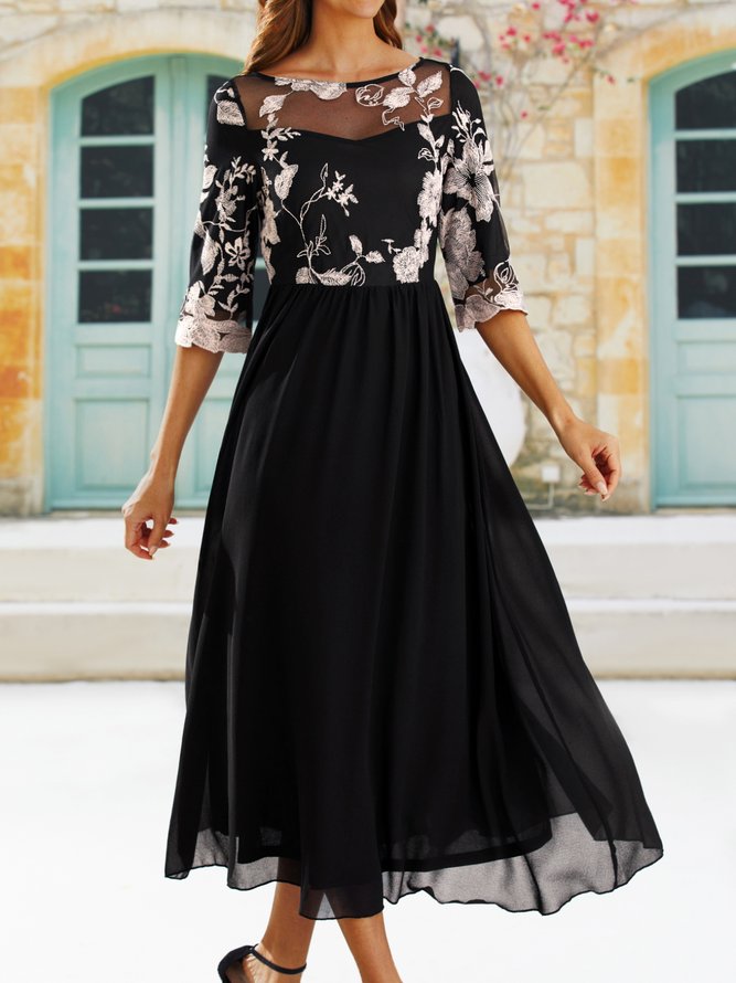 Women's A Line Dress Midi Dress Black Half Sleeve Elegant Floral Lace Crew Neck Modern Mature Occasion Dress