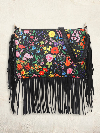 Retro Leather Tassel Flower Pattern Diagonal Shoulder Bag Western Ethnic Women's Bag