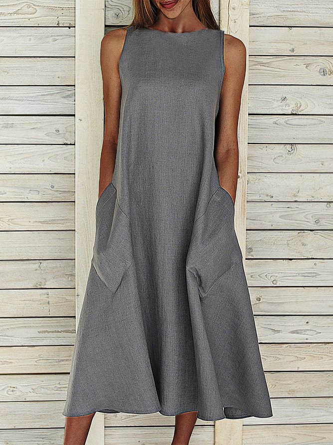 Round Neck Pockets Plain Casual Midi Dress