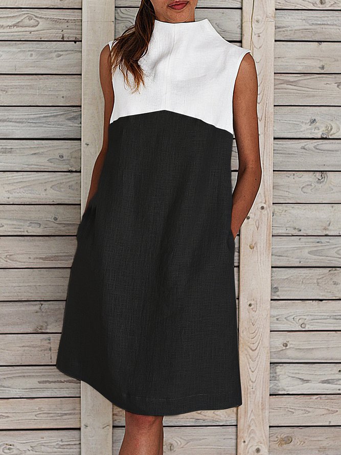 Plus Size Midi Weaving Dress Women Summer Shift Sleeveless Turtleneck Paneled Weaving Dress