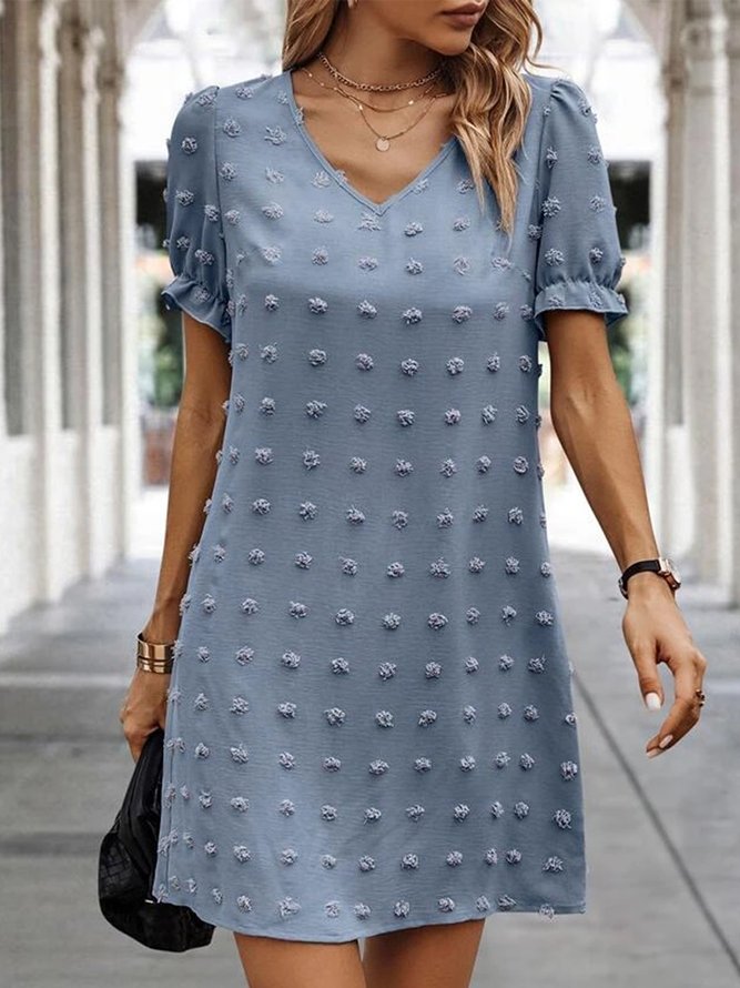 Swiss Dot Lantern Sleeve Plain Simple V Neck Dress