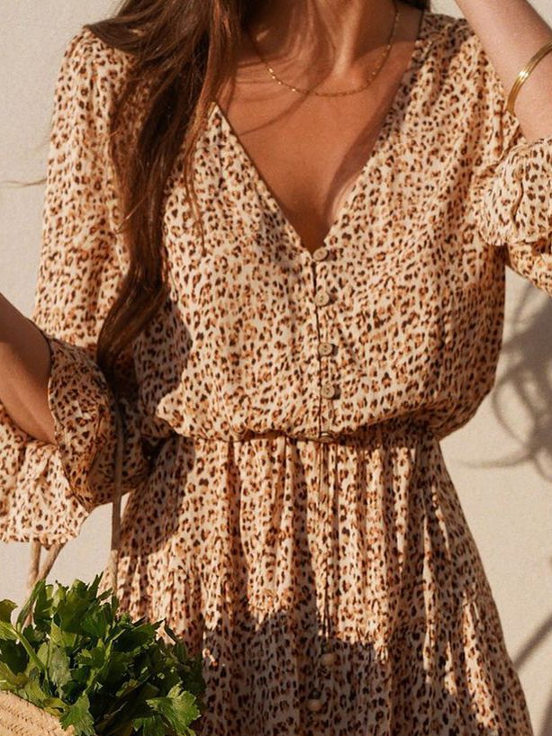 Ditsy Floral Long Sleeve V Neck Vintage Weaving Dress