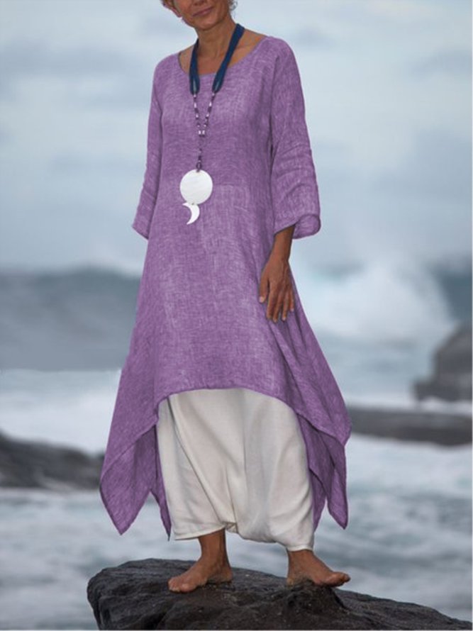 Women Summer Linen 3/4 Sleeve Daytime Crew Neck Asymmetric Dress