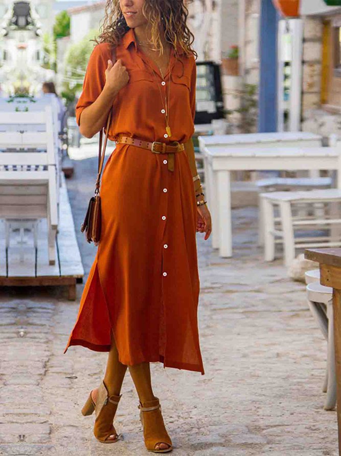 Shawl Collar Shift Women 3/4 Sleeve Paneled Spring Dress