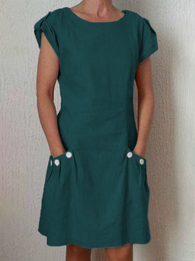 Summer Pockets Buttoned-decor Shift Linen Dresses