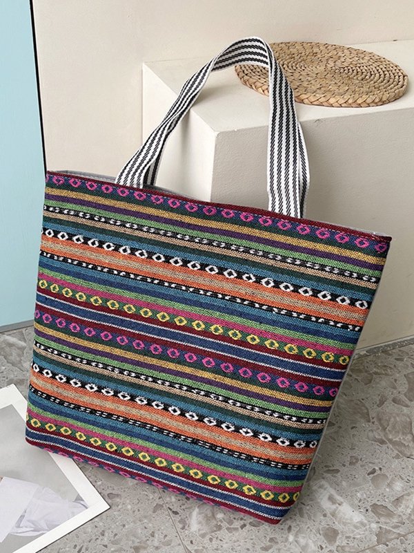 Ethnic Striped Printing Nylon Women's Shoulder Tote Bag